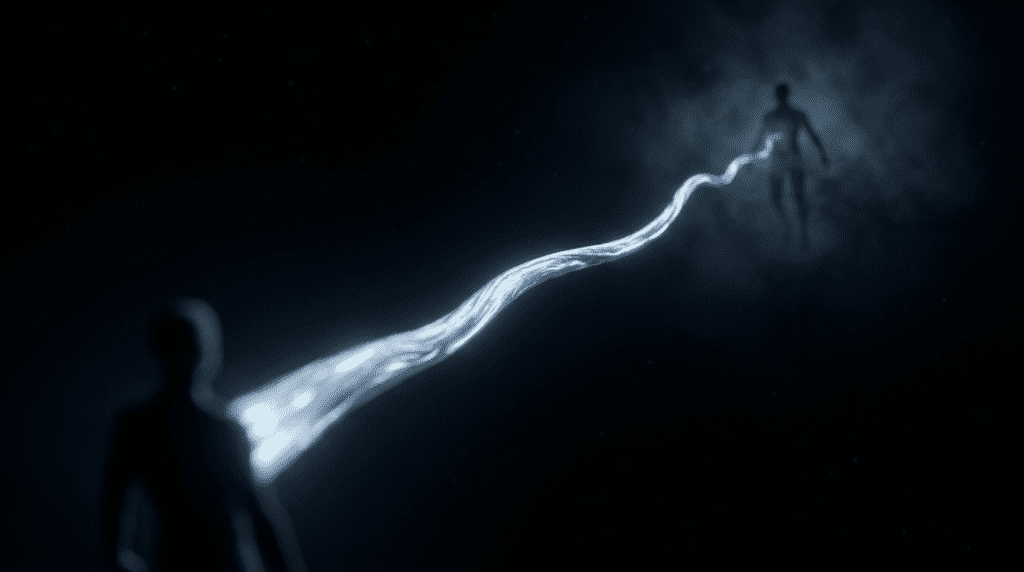 A luminous silver cord glowing with blue-white bioluminescence stretches through darkness, connecting a distant astral traveler to their physical body.