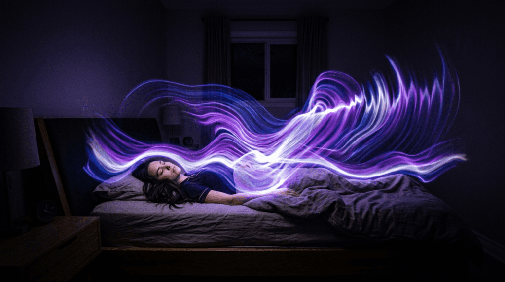 A person lying in bed with visible waves of purple and white energy radiating outward, illustrating the vibrational state just before an out-of-body experience.