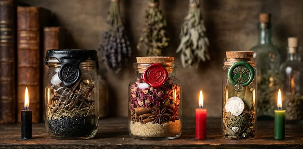 Three finished spell jars with black, red, and green wax seals for protection, love, and prosperity