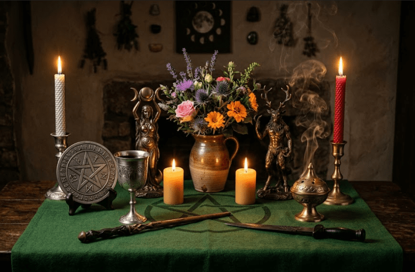 A Wiccan altar with paired candles, a chalice, a pentacle, a wand, an athame, a censer, and god and goddess figures on a green cloth