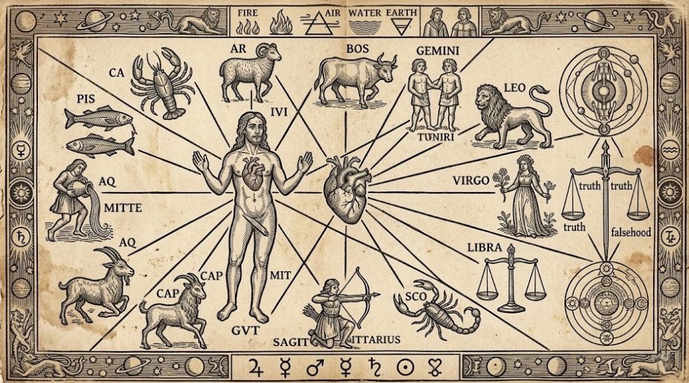Zodiac man manuscript mapping the twelve signs to body parts in medical astrology