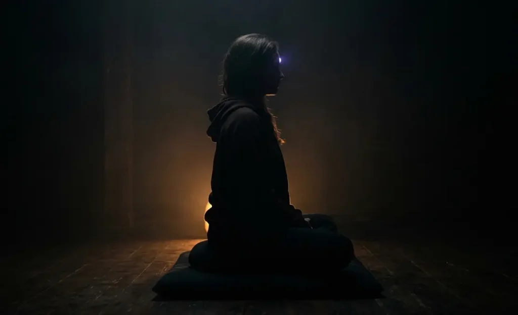 Person of a woman meditating with third eye open