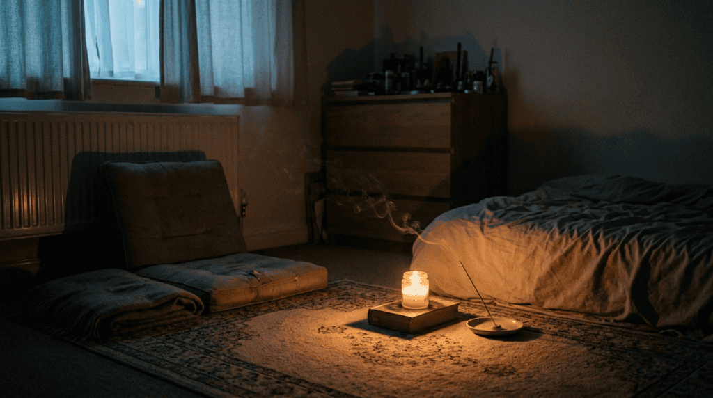 A candle burning on the floor of a dark bedroom with an empty cushion facing it and incense smoke drifting