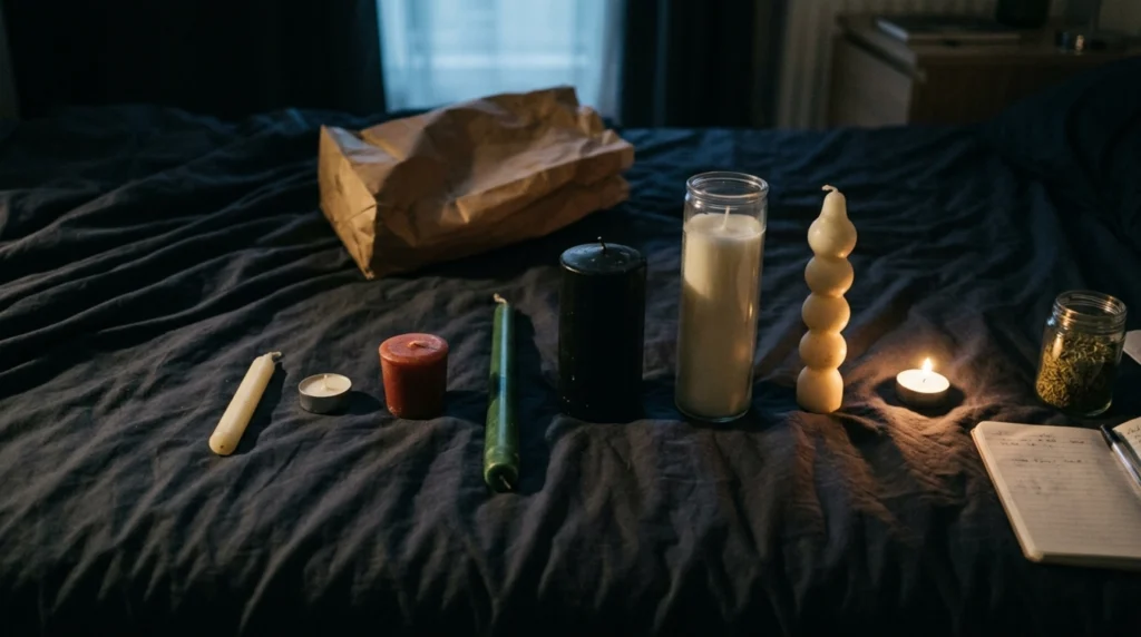 Seven unlit candles of different types laid out on a bedspread beside a jar of dried herbs and a notebook
