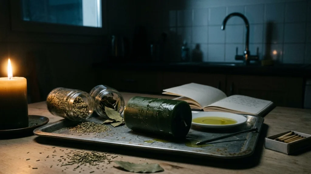 A dark green candle carved and coated in oil on a metal tray, surrounded by dried rosemary and bay