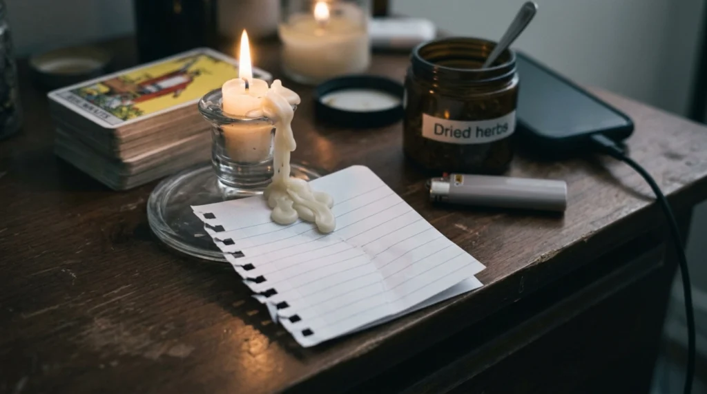 A folded scrap of notebook paper tucked under a glass candle holder and sealed to the surface by spilled wax