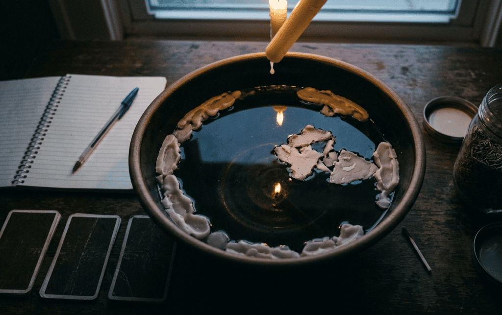 Pale wax shapes set on the surface of a dark bowl of water with a tilted candle dripping from above