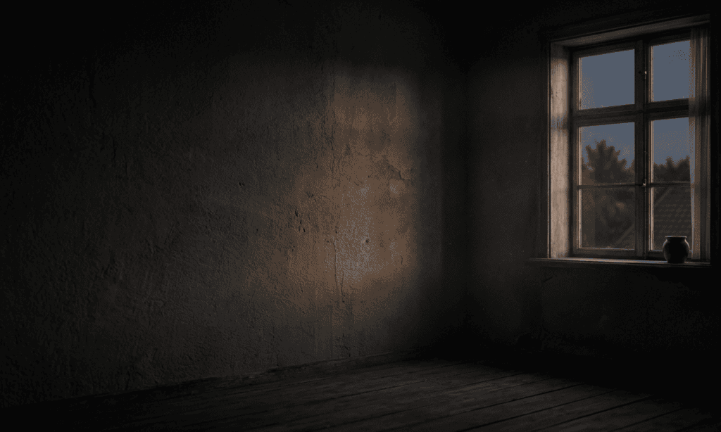 First pale dawn light entering a dark quiet room, faint amber warmth on a bare wall