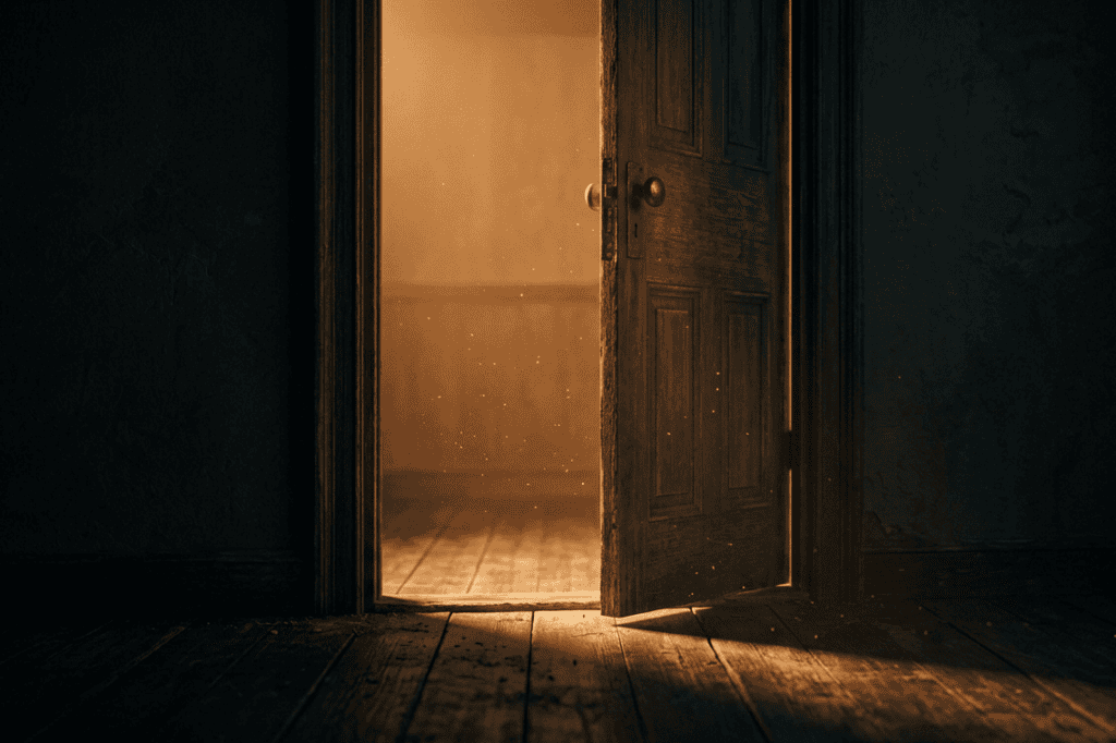 A partly open door letting a shaft of warm amber light spill into a dark empty room
