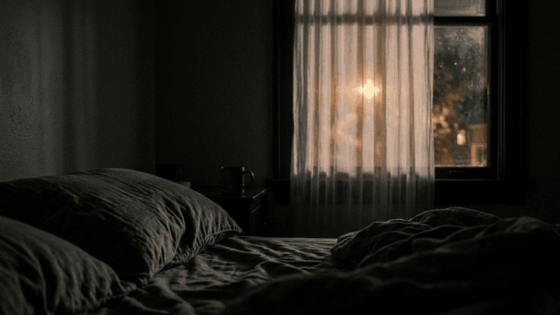 Empty unmade bed at dawn with amber light coming through a thin curtain, dark atmospheric bedroom