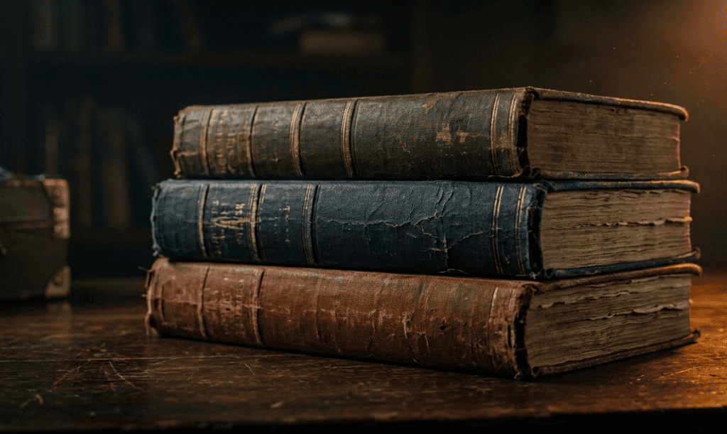 Three worn vintage hardcover books stacked on a dark wooden desk under warm lamplight