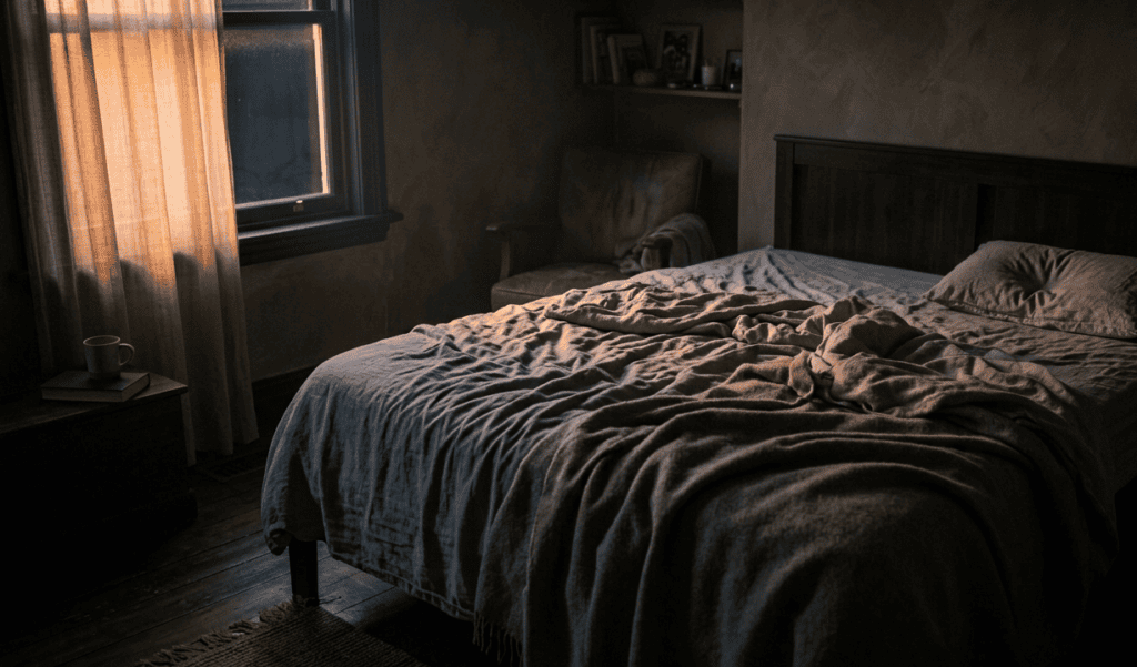 Dark bedroom window at night with faint amber glow and heavy stillness, seen from a low angle near the pillow