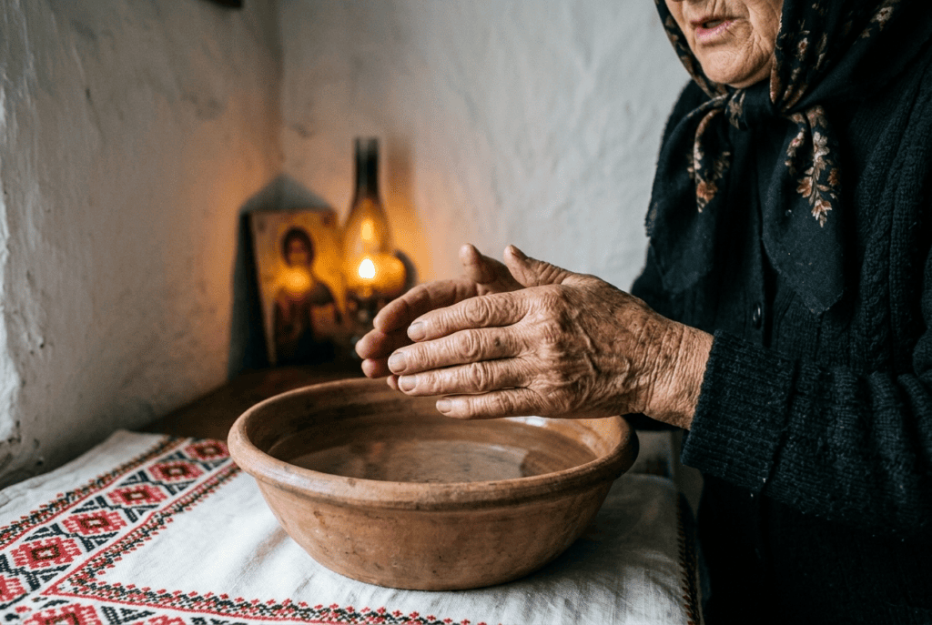 The weathered hands of a Serbian bajalica held over a sick child's bowl as she whispers a basma