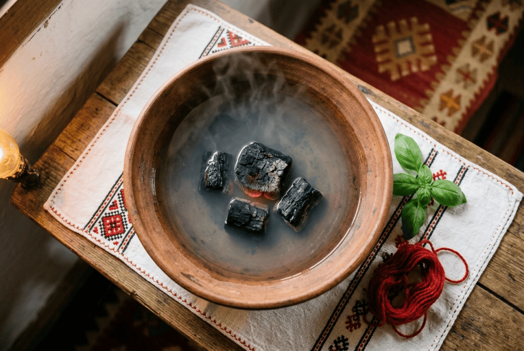 Glowing coals dropped into a bowl of water with basil and red thread, the Serbian coal-quenching ritual