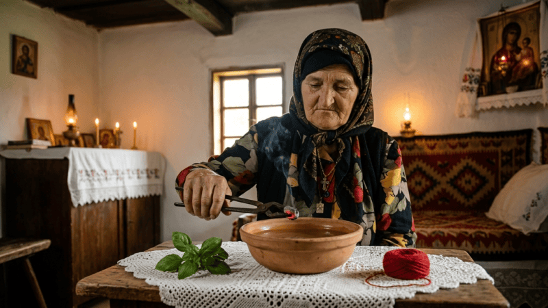 An elderly Serbian village healer performing bajanje, quenching glowing coals in water to remove the evil eye