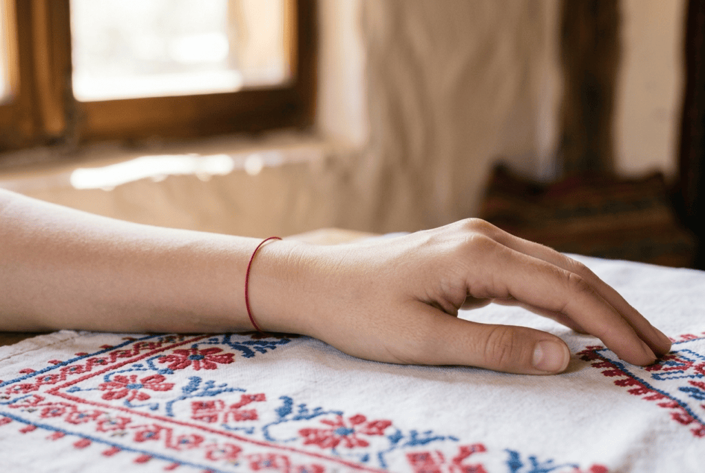 A red woollen thread tied around a small child's wrist to guard against the evil eye in Serbian tradition