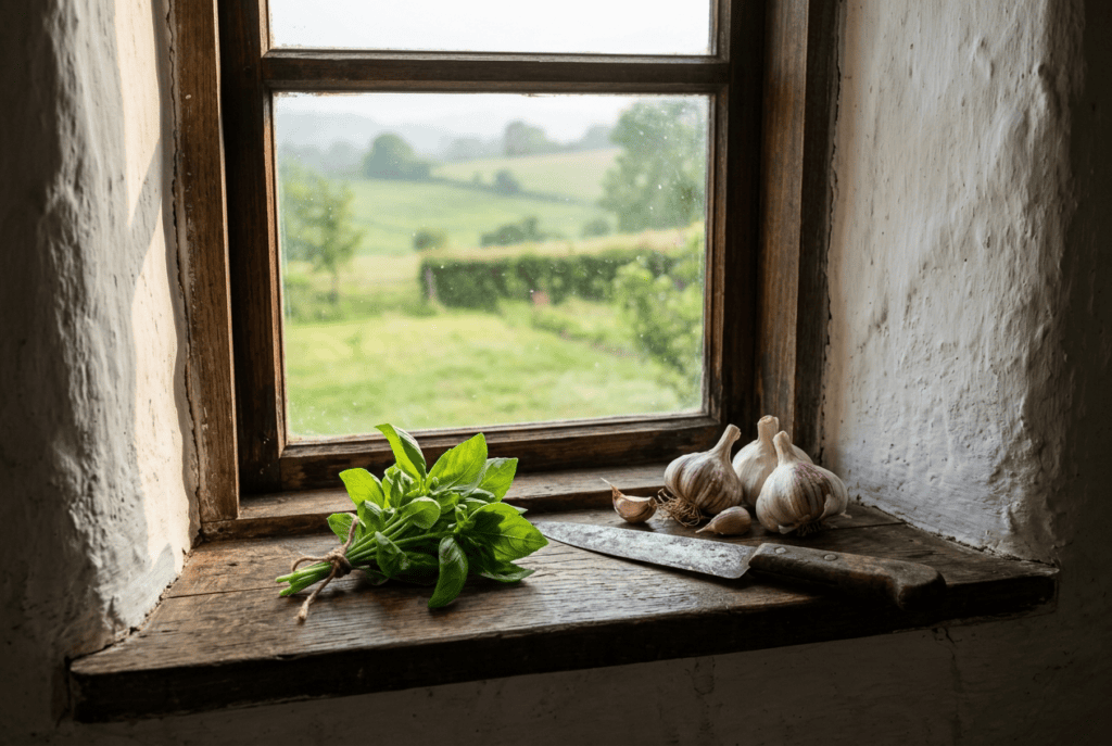 Basil, garlic and an old iron knife on the windowsill of a traditional Serbian village house