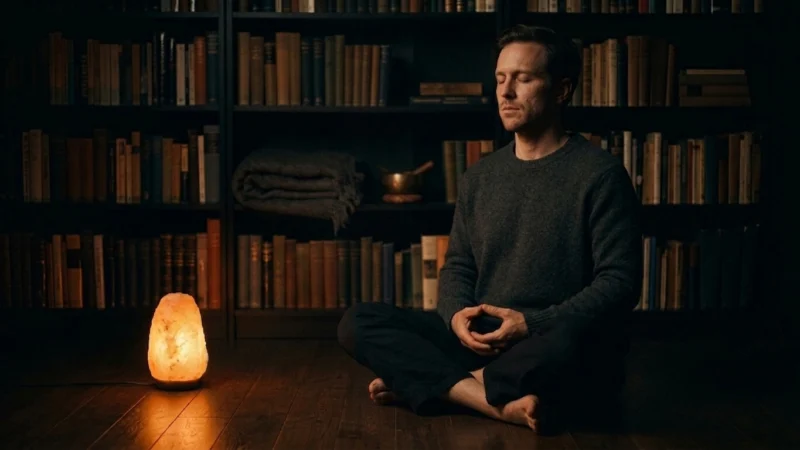 A man meditating in lotus position on a wooden floor in a near-dark room, illuminated only by the deep amber glow of a Himalayan salt lamp, with incense smoke drifting through the light