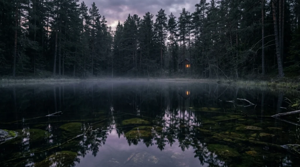 A perfectly still dark pond in a forest at twilight, water so clear that submerged stones and branches are visible beneath the mirror-like surface, with cold mist and a single distant warm light
