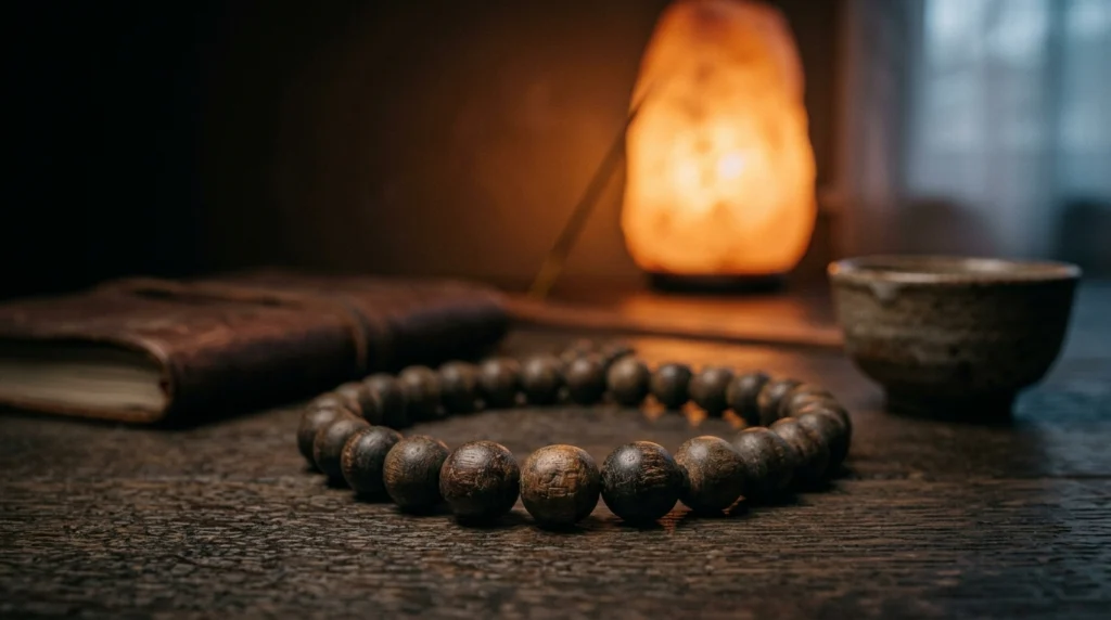 Weathered wooden mala beads on a dark oak table, with a Himalayan salt lamp glowing softly in the background and incense smoke drifting through warm amber light