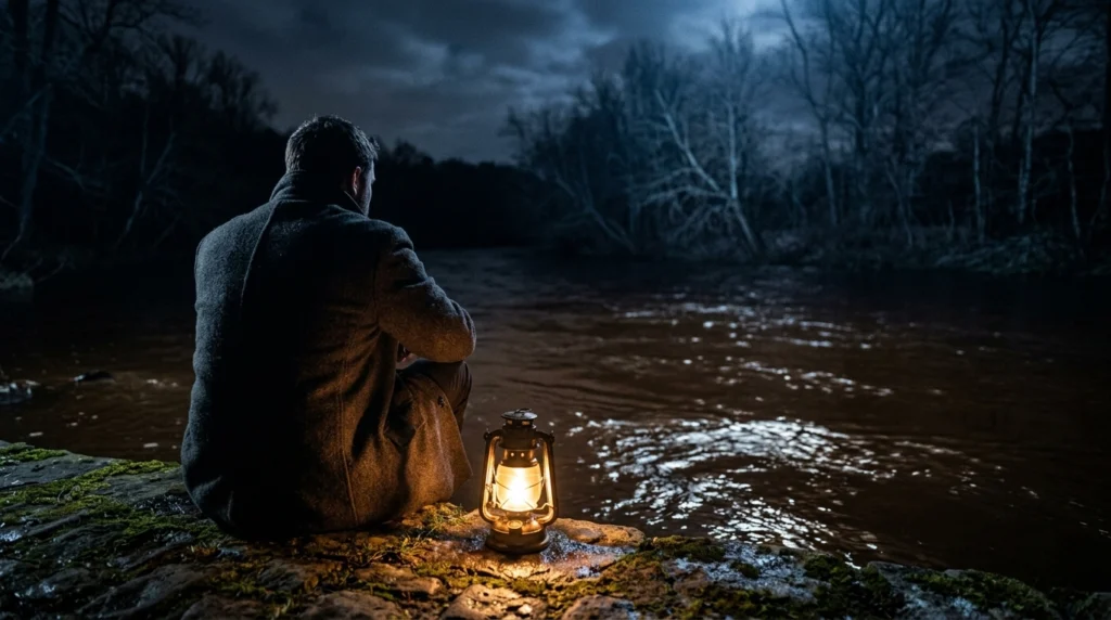 A solitary figure sitting on a mossy riverbank at night, watching dark water flow past, illuminated by a single oil lantern casting warm amber light on wet stones