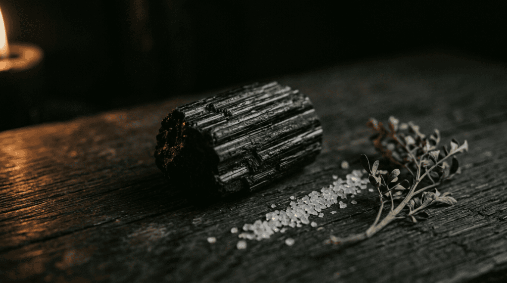 Black tourmaline, a line of coarse salt, and a sprig of dried rue on dark wood, tools of psychic protection