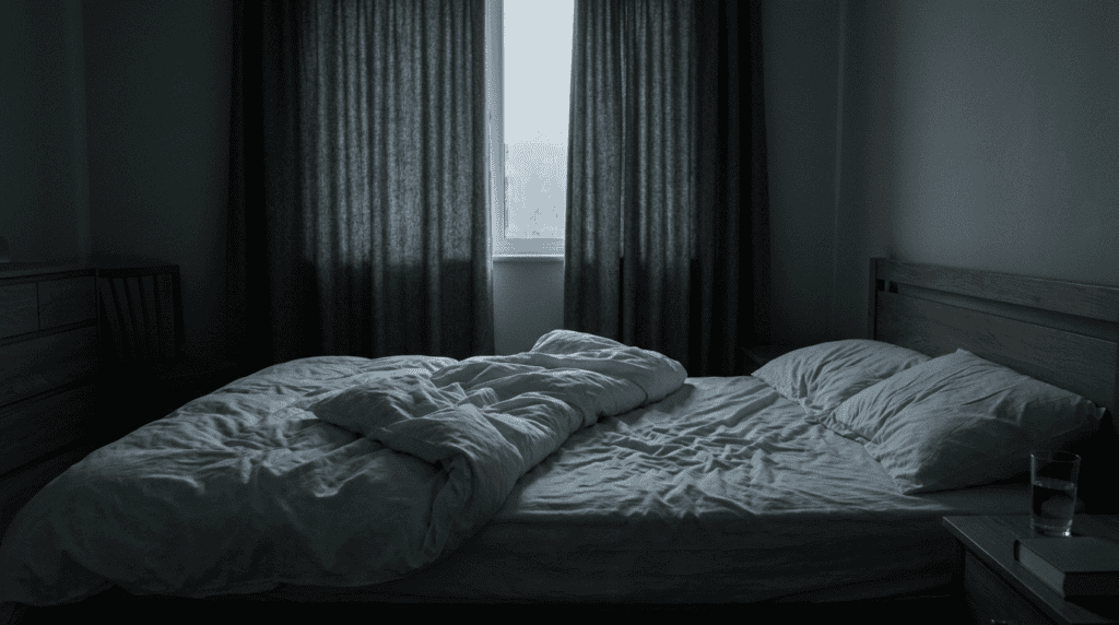 A dim unmade bed in grey morning light, conveying the deep unshakeable fatigue of a psychic attack