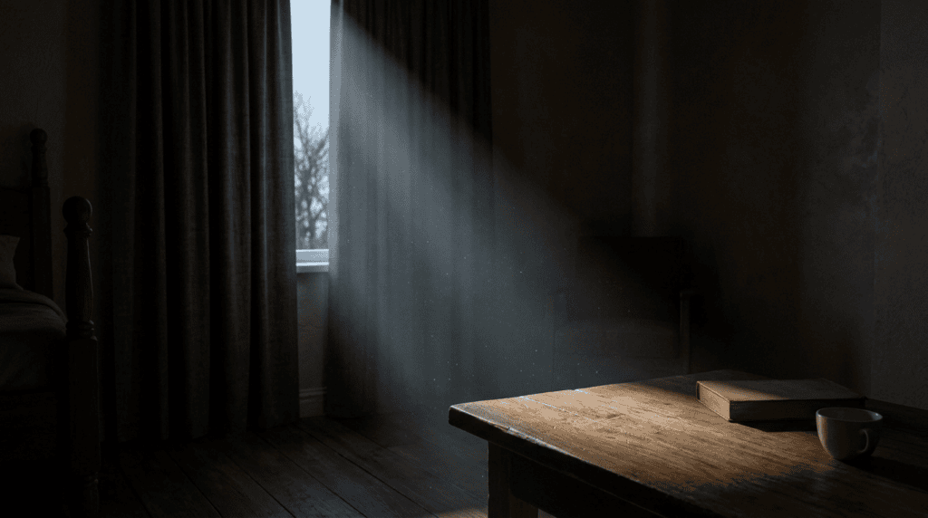 Soft morning light breaking through dark curtains into a quiet room, a sense of heaviness lifting