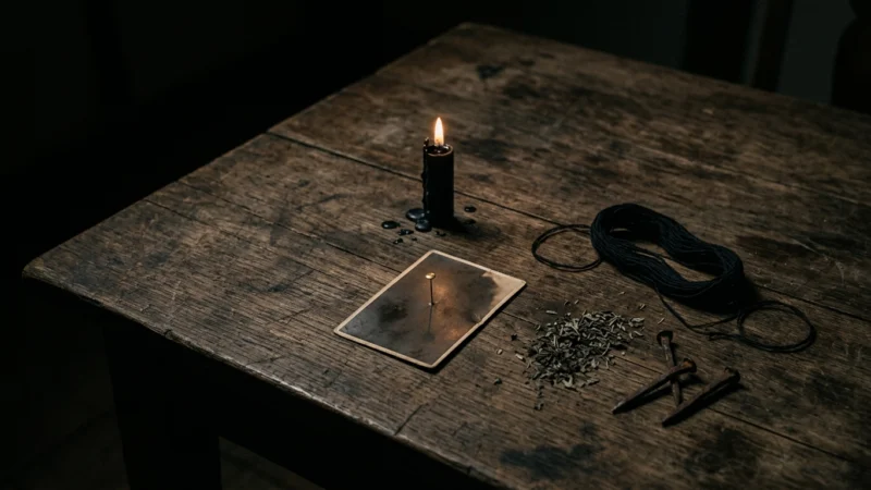 A dark table set for a malicious working, a black candle, a photograph pierced with a pin, thread and nails in dim light