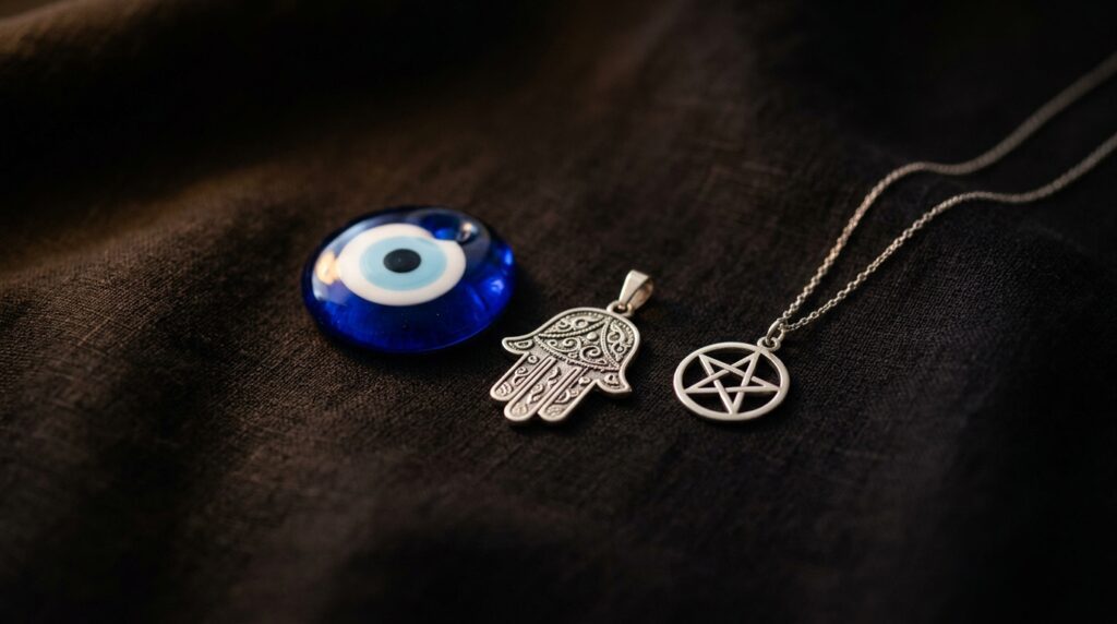 A blue nazar eye bead, a silver hamsa hand and a small pentacle pendant on dark cloth in warm light