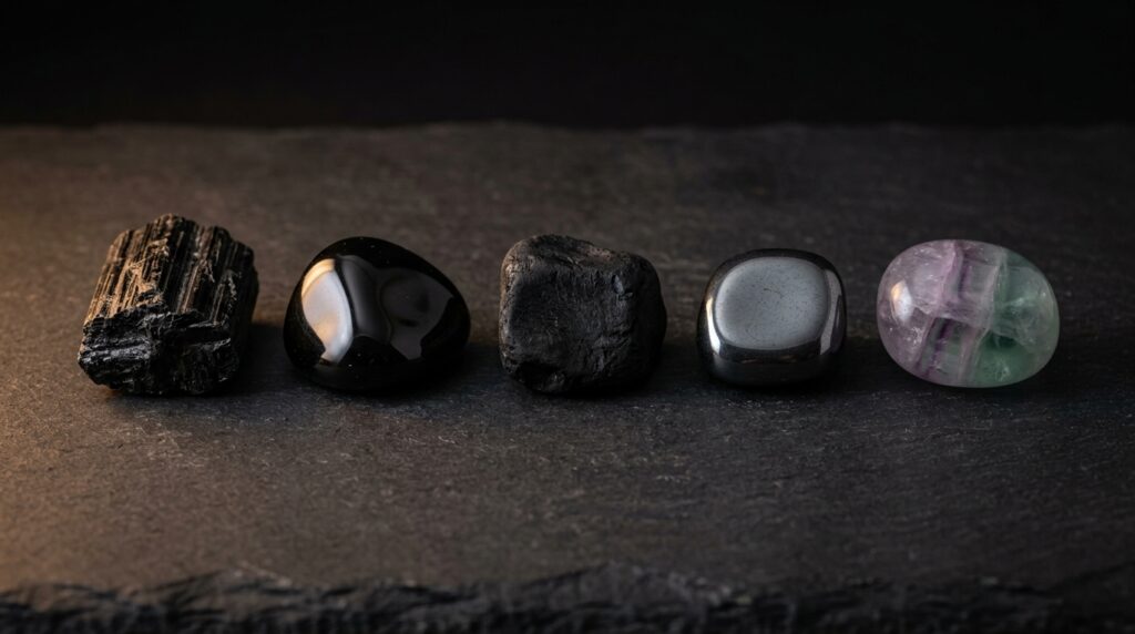 Black tourmaline, obsidian, jet, hematite and fluorite arranged on dark slate in warm light