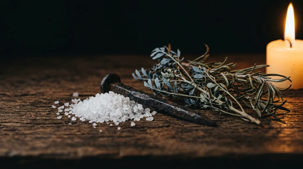 Coarse salt, an old iron nail, and sprigs of dried rue and rosemary on dark wood in warm light