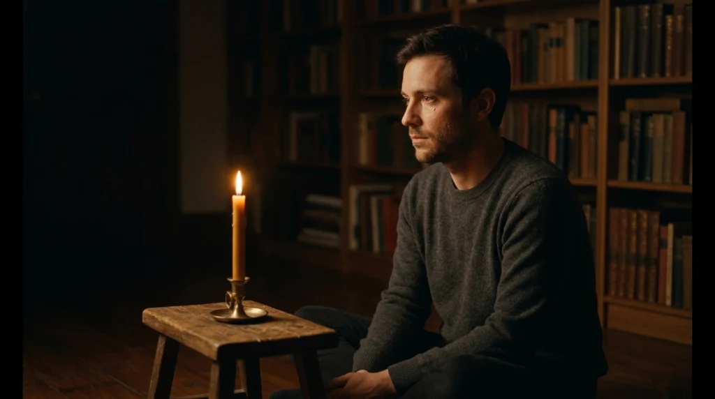 Close-up of a steady candle flame in darkness, illuminating the sharp profile of a man's face watching it intently, with the flame reflected in his eye