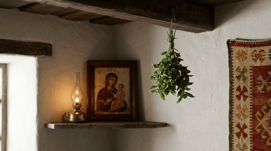 A bunch of basil hanging to dry beside a small Orthodox icon in a village room