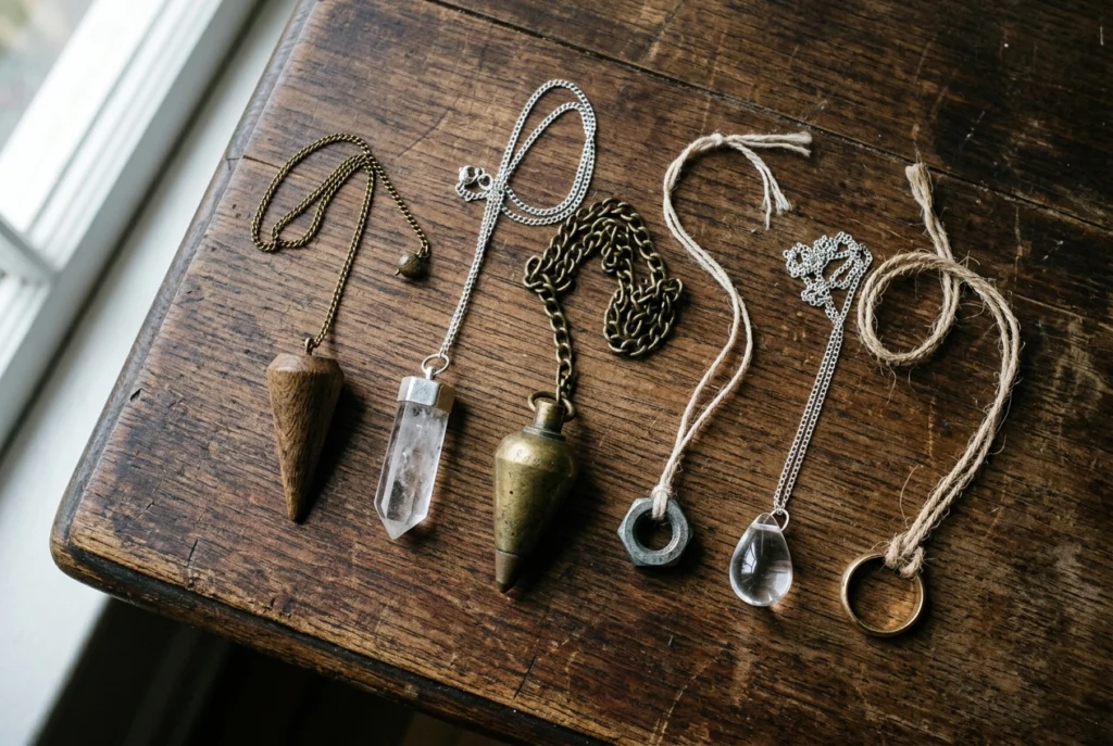 Six different pendulums lying on a dark wooden table, varying in weight, shape and material