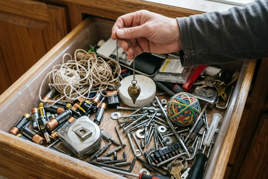 A pendulum held above an open kitchen drawer of household clutter during a search for lost keys