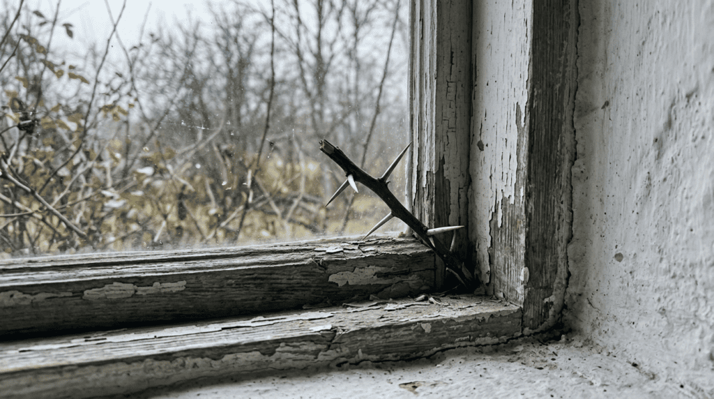 A thorned hawthorn twig pushed into the wooden frame of a village window