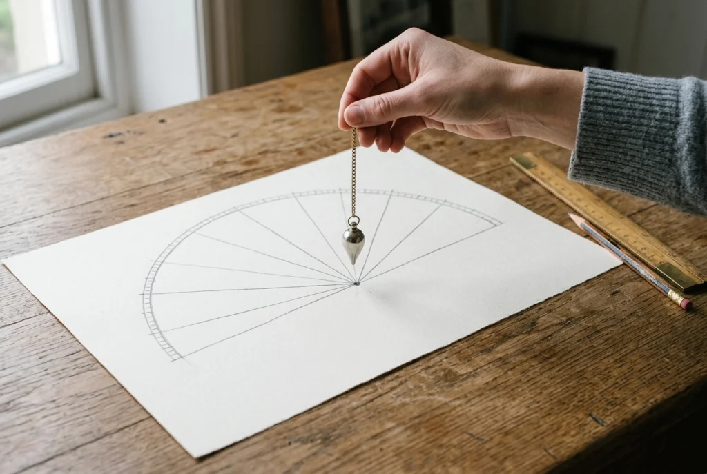 A hand-drawn semicircular pendulum chart of pencil lines with a pendulum held above its centre point