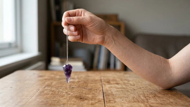 A hand holding a short pendulum chain lightly between thumb and forefinger, elbow resting on a wooden table