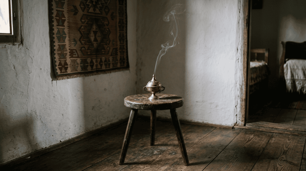Incense smoke rising from a small censer in the corner of a whitewashed village room