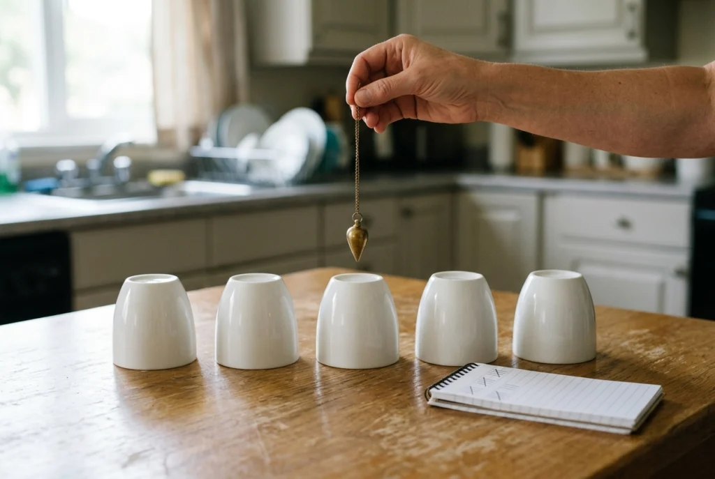 Five identical upturned cups in a row on a kitchen table with a pendulum held above one of them