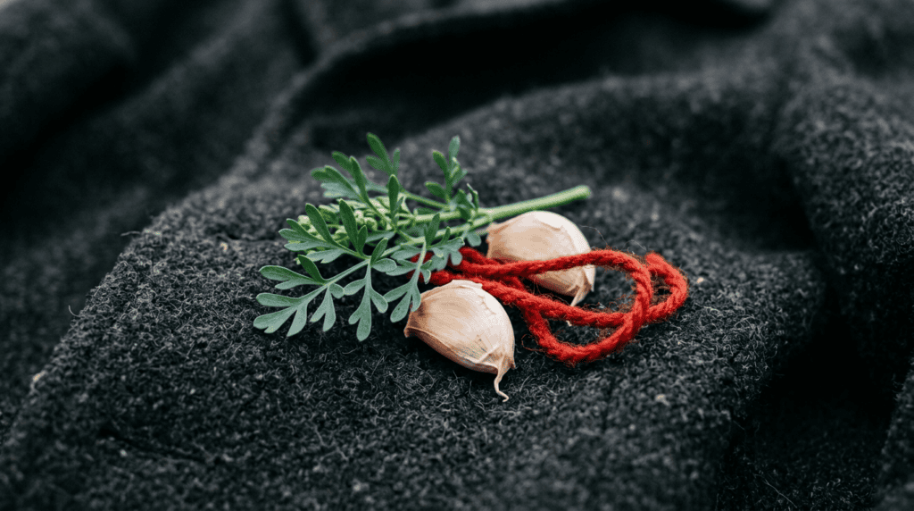A sprig of rue, garlic cloves and a scrap of red wool on a coat pocket