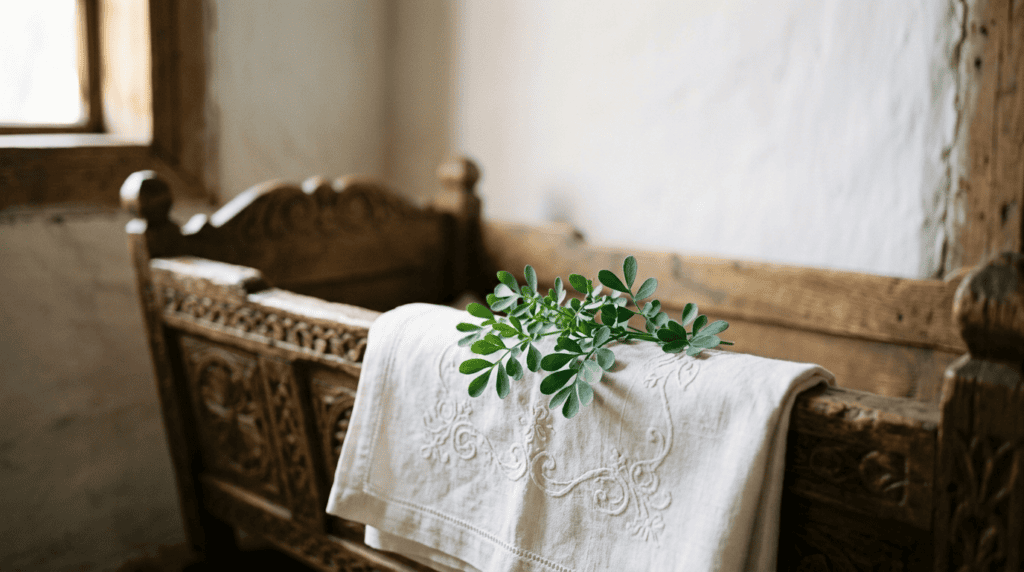 Sprigs of rue laid on embroidered linen beside an old wooden cradle