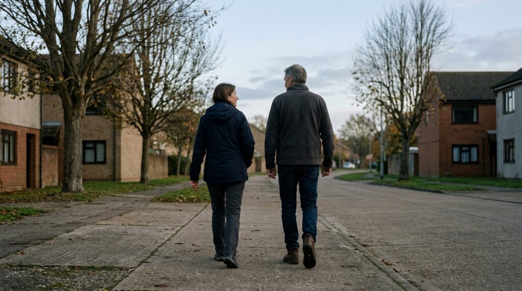 Two people walking side by side along a quiet street in the early morning.