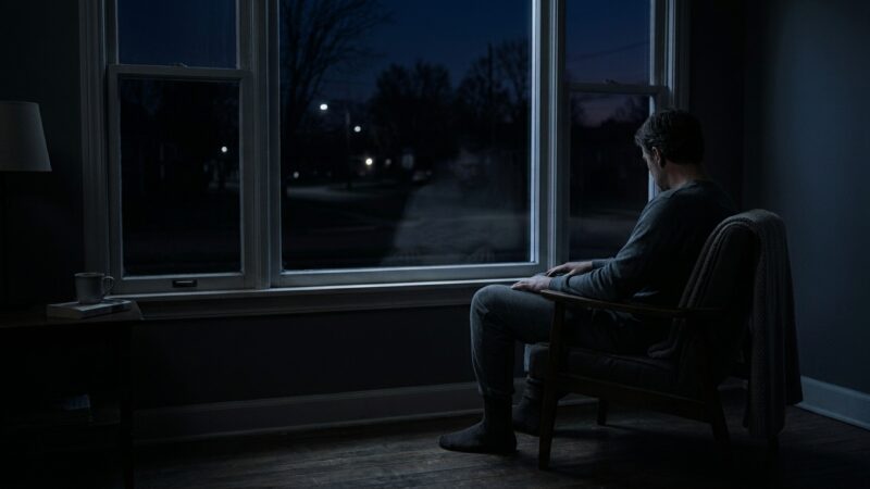 A solitary figure sits beside a window in a dark room as faint pre-dawn light appears outside.