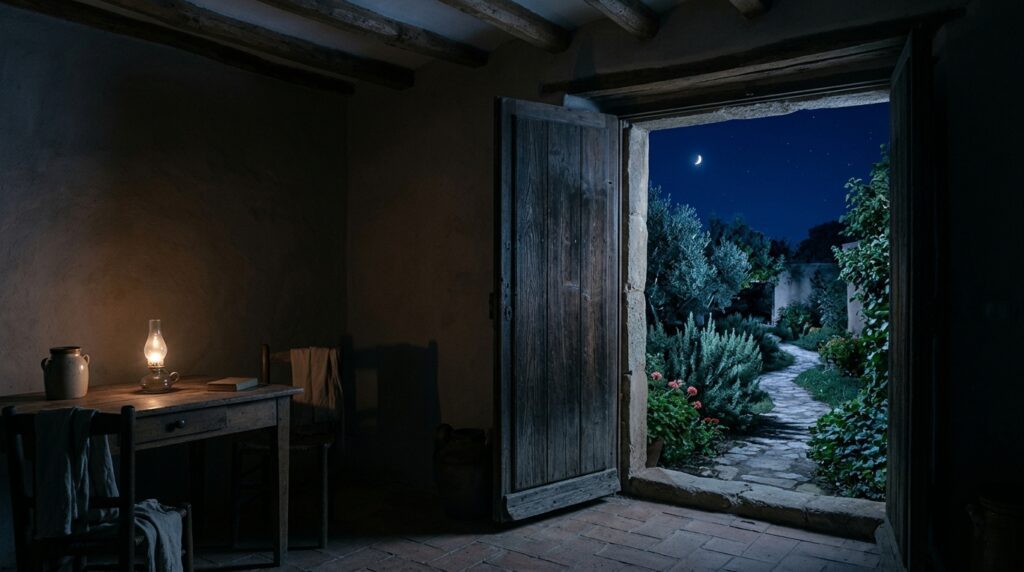 An open wooden doorway leading from a quiet dimly lit house into a moonlit garden.
