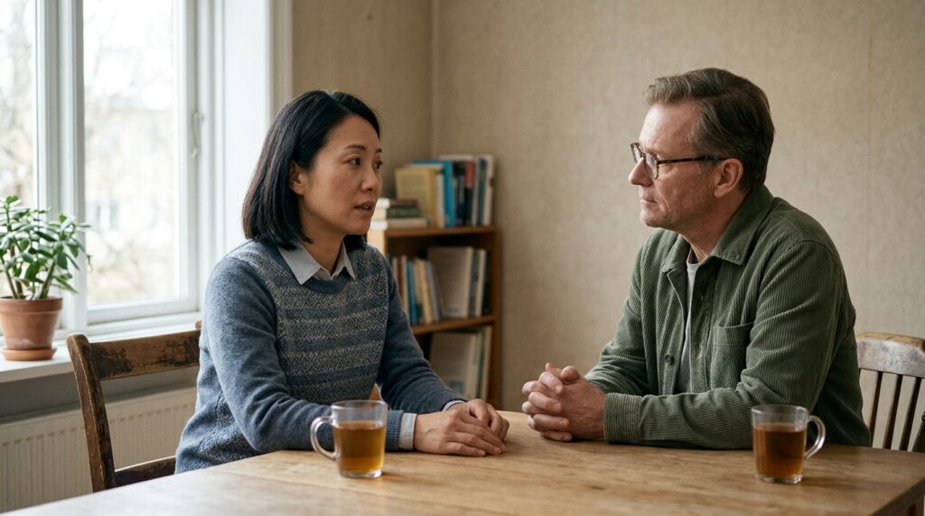 A person having a calm, supportive conversation with a mental health professional in a naturally lit room.