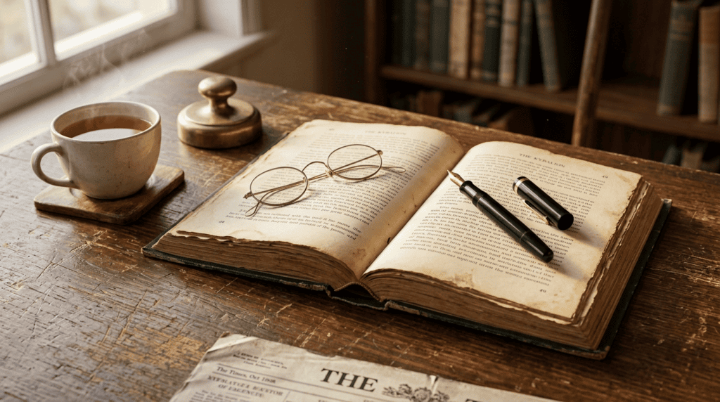 An open 1908 edition of The Kybalion on a desk beside a fountain pen, reading glasses and a cup of tea
