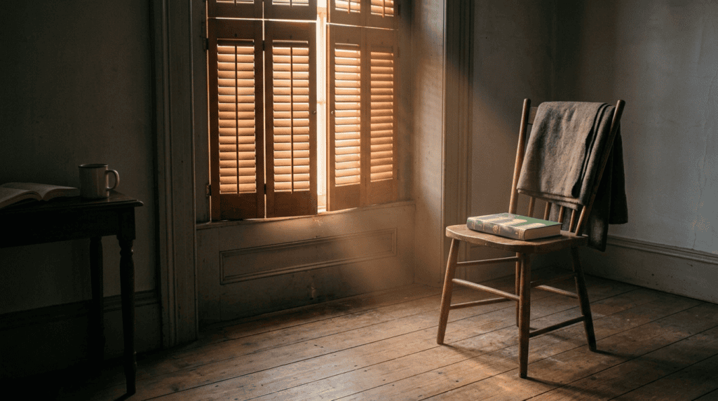 Sunlight entering a dim room through half-open wooden shutters, with an open copy of The Kybalion on a chair