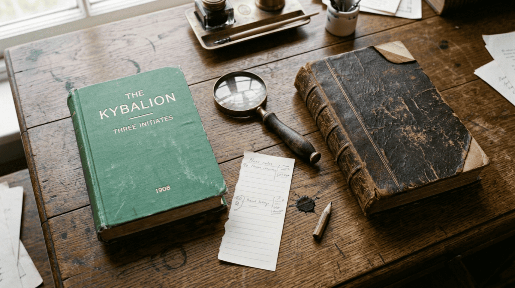 A 1908 copy of The Kybalion placed beside an old leather-bound Hermetic volume on a scholar's desk
